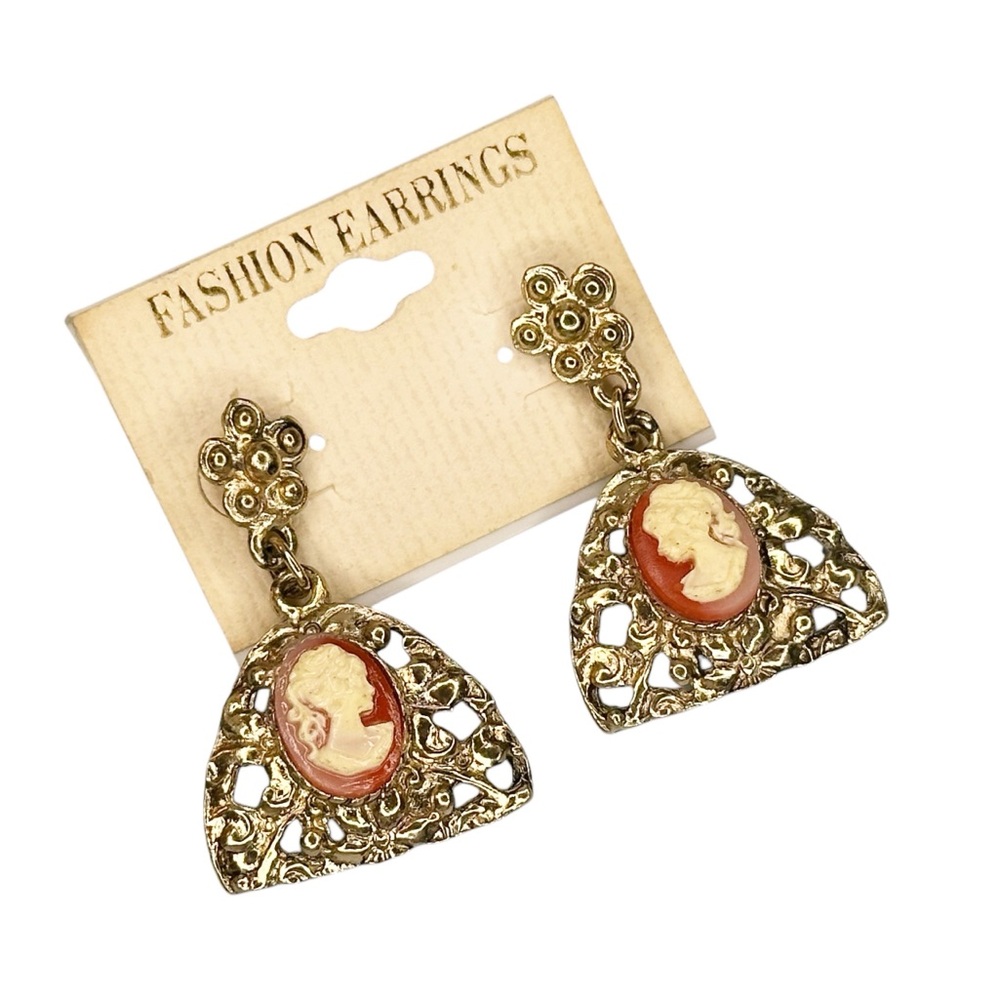 Vintage Cameo Antiqued Gold Chunky Pierced Statement Earrings